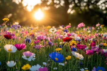 Fototapeta premium Colorful wildflower field under a bright sunset in a serene outdoor setting