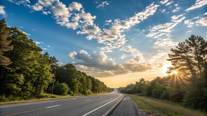 Smooth road surrounded by trees blue sky light clouds open journey freedom