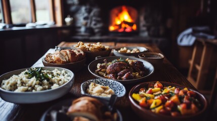 Fototapeta premium A beautifully arranged dining table featuring a sumptuous feast, capturing the essence of family bonding and rich culinary traditions in a warm, inviting atmosphere.