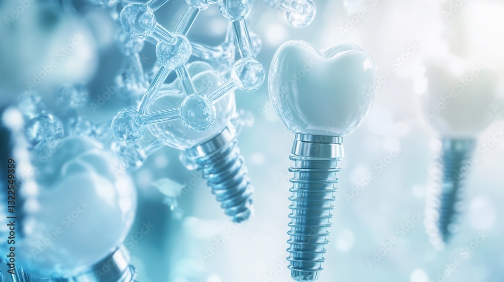 Poster Floating molecular structures illustrate advanced titanium dental implants in soft blue and white gradient background