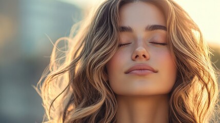 Naklejka premium Golden Hour Serenity, Woman's Peaceful Moment