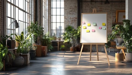 Creative workspace with blank board and colorful notes in modern plant-filled studio