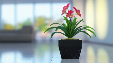 Exotic orchids in a square pot with a sci-fi inspired digital background.