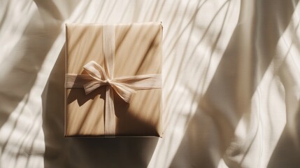 A shipping parcel wrapped in kraft paper and tied with a bow, placed on a white table