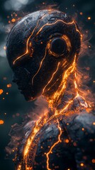 Frozen cyborg at the center of a crackling energy sphere, beautifully illustrated in a cinematic 3D render