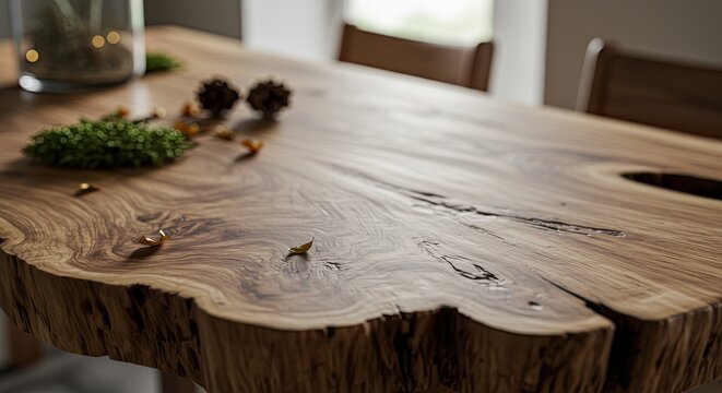 Rustic wooden table with natural edge and pine cones in cozy home setting