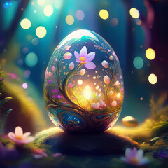 Enchanted Easter egg with glowing flowers and magical light inside, set in a dreamy, mystical forest with bokeh effects.