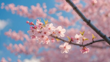 Branches blossoming cherry on background blue sky and white clouds in spring on nature outdoors