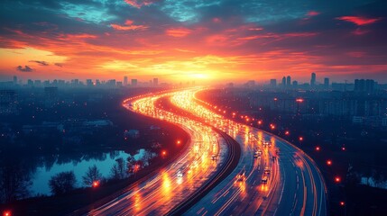 Fototapeta na wymiar Cars streak past on the highway, painting the road with a mesmerizing trail of vibrant colors as a blur of motion and light