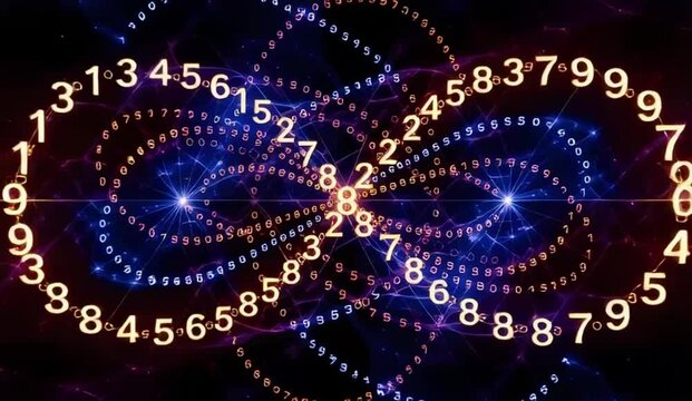 Abstract digital art featuring infinite numbers in vibrant colors against a starry cosmic background
