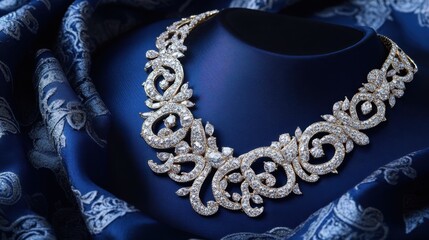 Obraz premium Luxurious gold diamond necklace against a deep navy blue backdrop.