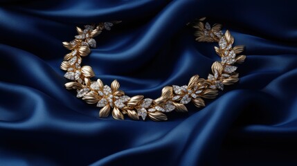 Luxurious gold diamond necklace against a deep navy blue backdrop.