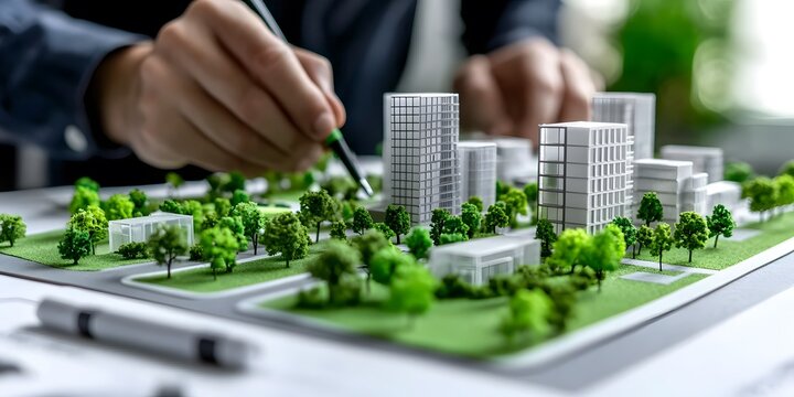 Urban planner designing sustainable city development modern architecture model green environment aerial view innovative concepts
