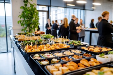 Catering event with appetizers and snacks at a buffet table in a modern venue