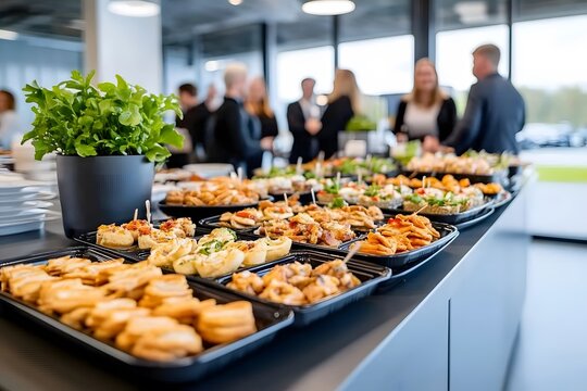 Catering event featuring appetizers and snacks at business buffet modern office environment vibrant atmosphere