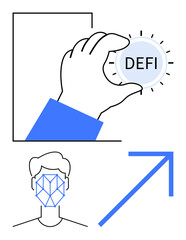 Hand grasping digital financial token DeFi, stylized facial recognition grid, and upward arrow. Ideal for fintech, decentralized finance, technology, growth, innovation, AI cryptocurrency