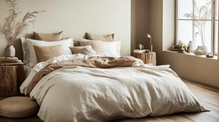 A comfortable bed with pillows and organic bedroom decorations