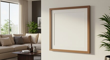 Minimalist living room with blank framed canvas and cozy natural decor