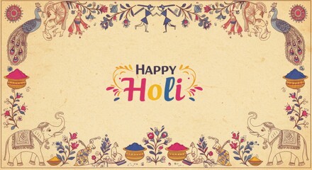 A vibrant celebration of Holi with cheerful peacocks and majestic elephants dancing under a rainbow sky.