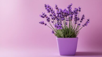 Soft lavender flowers in a square pot against a smooth light purple backdrop.