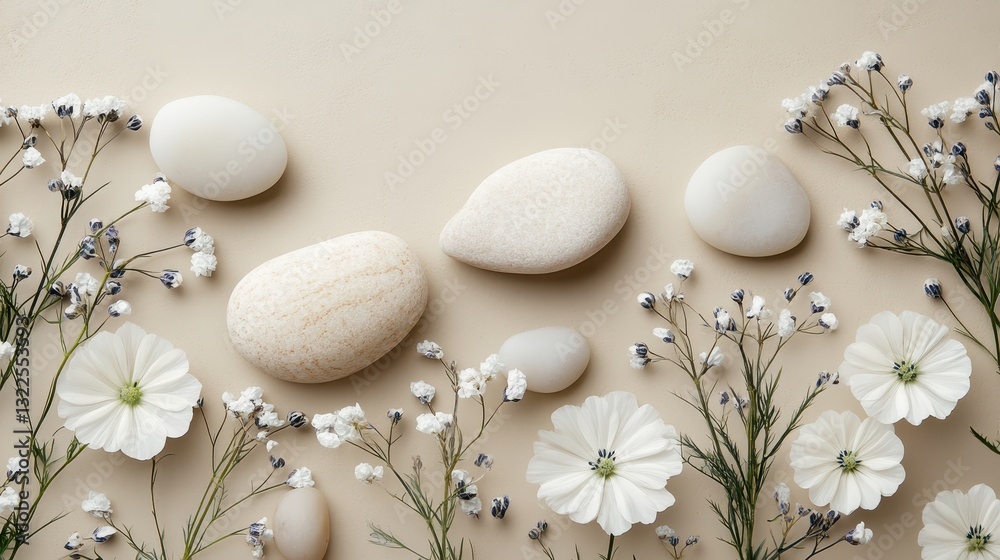 Poster decorative arrangement of smooth stones and delicate white flowers creating a serene and calming aes