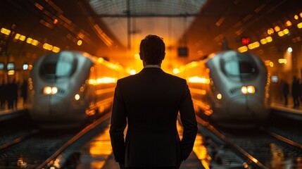 At an electric train station, a businessman waits away from the platform