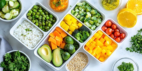 Healthy meal planner editable sections for breakfast and lunch kitchen table food arrangement bright environment overhead view