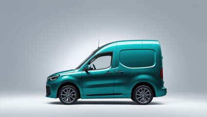 Sleek Teal Delivery Truck Featuring Modern Design Against Neutral Background For Commercial Transport And Urban Logistics