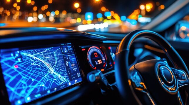 Night Drive Navigation System, Modern Car Interior with GPS Display