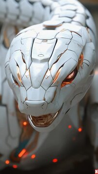 Vertical video of Robot white snake, futuristic white snake intelligence