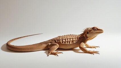 Fototapeta premium Warm Toned Scaly Brown Lizard with Intricate Skin Texture Detail Posed on White Backdrop in Studio Lighting