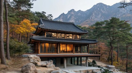 Traditional Asian Architecture Building Surrounded By Trees And Mountains