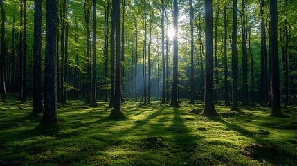 Naklejka premium Sunbeams pierce lush forest floor (1)