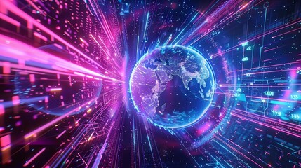 Obraz premium Vibrant Glowing Sphere Representing Digital Earth Surrounded by Dynamic Colorful Data Streams