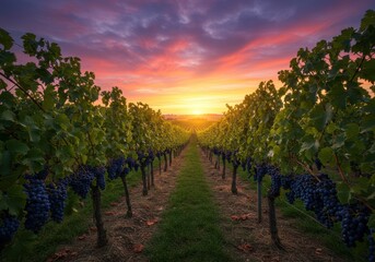 Fototapeta premium Vibrant vineyard sunset with rows of lush grapevines and dramatic sky