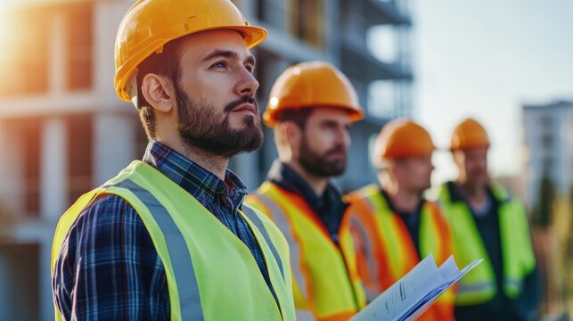 Construction Site Teamwork, Architects and Engineers Collaborating on a New Building Project