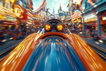 A roller coaster descending rapidly down a steep slope toward the viewer, with the front in sharp focus and the track and backdrop intentionally blurred to emphasize the excitement