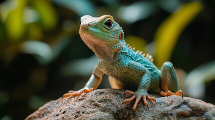 Fototapeta premium In a tranquil, sunlit setting, a magnificent green lizard perches on an old stone wall, amongst a lush array of greenery