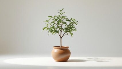 Obraz premium Delicate Young Peach Tree with Slender Trunk in Ceramic Pot on White Background with Soft Lighting Studio Shot