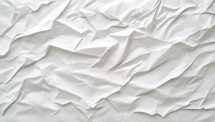 Fototapeta premium A close-up of white paper with creases against a pure white background, focusing on folds and texture. The abstract composition suggests fabric or plastic wrap, symbolizing lightness, softness, and tr