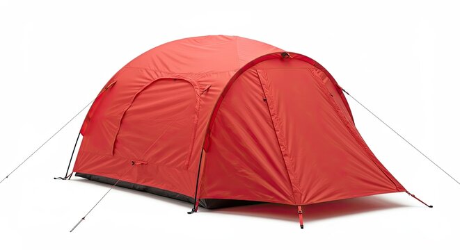 Red camping tent isolated on white background for outdoor enthusiasts