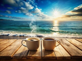 Coastal Coffee Break: Two Cups of Coffee on Table Overlooking Ocean