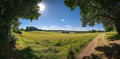 Panoramic View of Green Meadow Under Bright Blue Sky with Lush Trees and Pathway in Nature Landscape