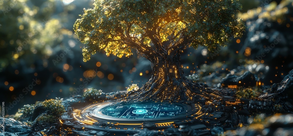 Poster a futuristic digital space displaying a tree merged with a tech interface
