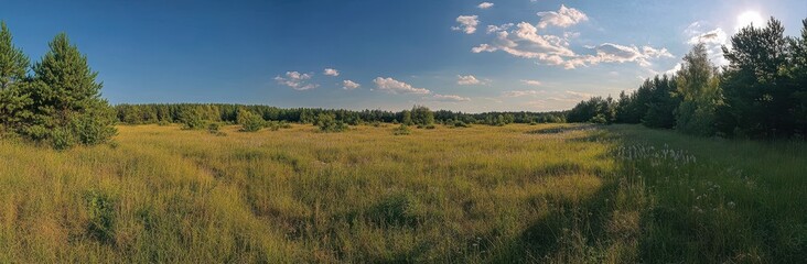 Fototapeta premium Panoramic View of Lush Green Field Under Blue Sky with Fluffy Clouds, Bright Sunlight Illuminating the Scenic Landscape in Nature