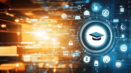 Fototapeta premium A banner displaying online education tools such as virtual classrooms, e-learning icons, and internet resources on a futuristic background.