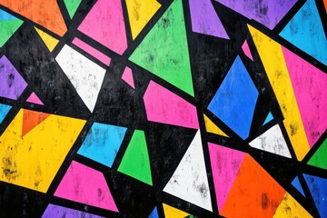 Fototapeta premium A colorful pattern of triangles and lines in black, white, neon green, pink, blue, orange, purple, and yellow Generative AI