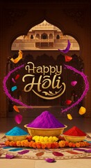 People of all ages joyfully celebrate Holi in vibrant colors and beautiful blooms at a festival atmosphere.