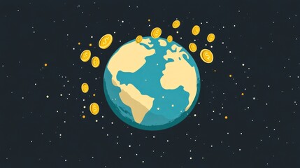 Fototapeta premium A blue and yellow stylized globe with rising coins, symbolizing economic expansion and international trade.