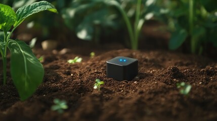 A close-up of an AI-powered soil sensor analyzing moisture and nutrient levels for optimized crop growth.